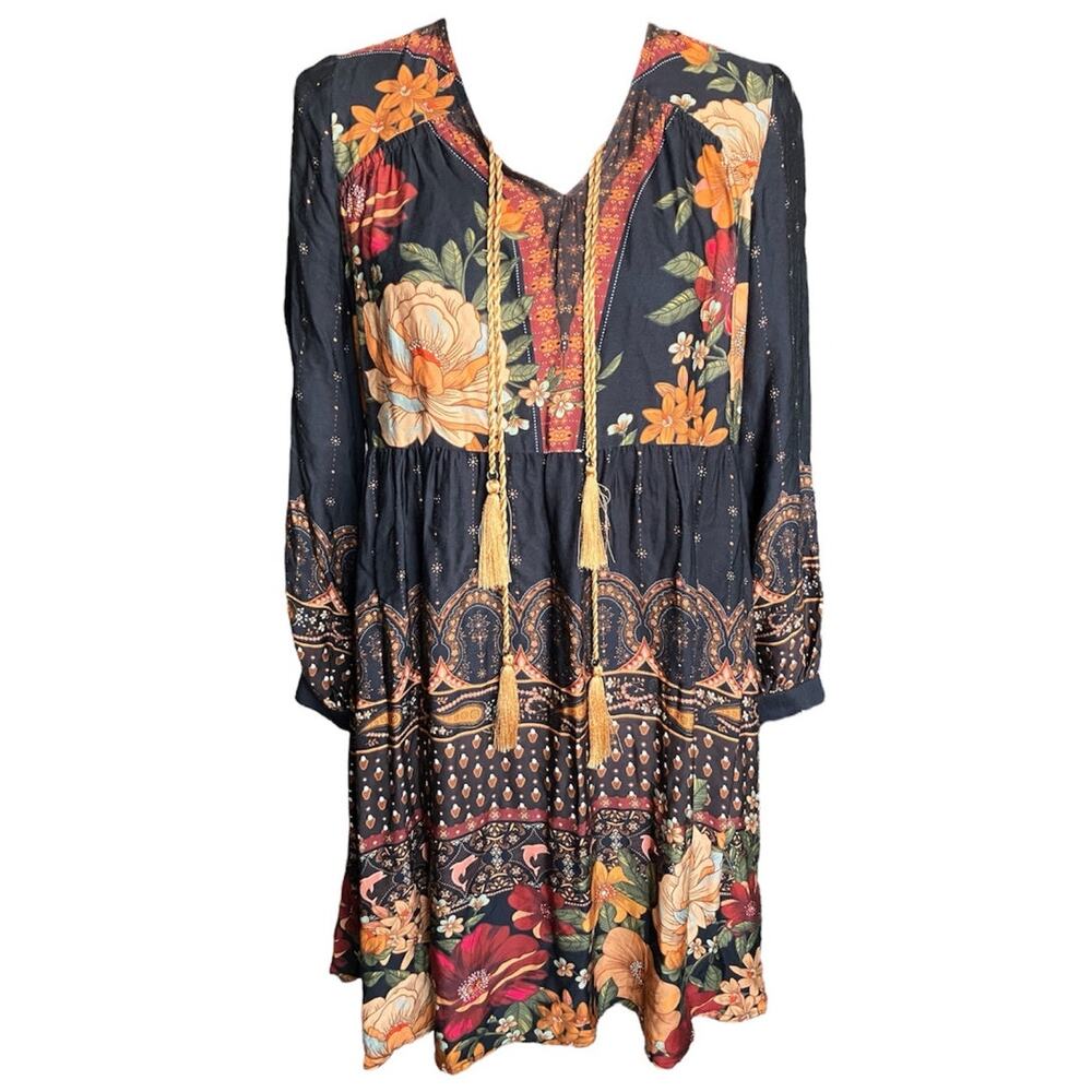 Farm Rio Black Orange Gold Tunic Dress Small